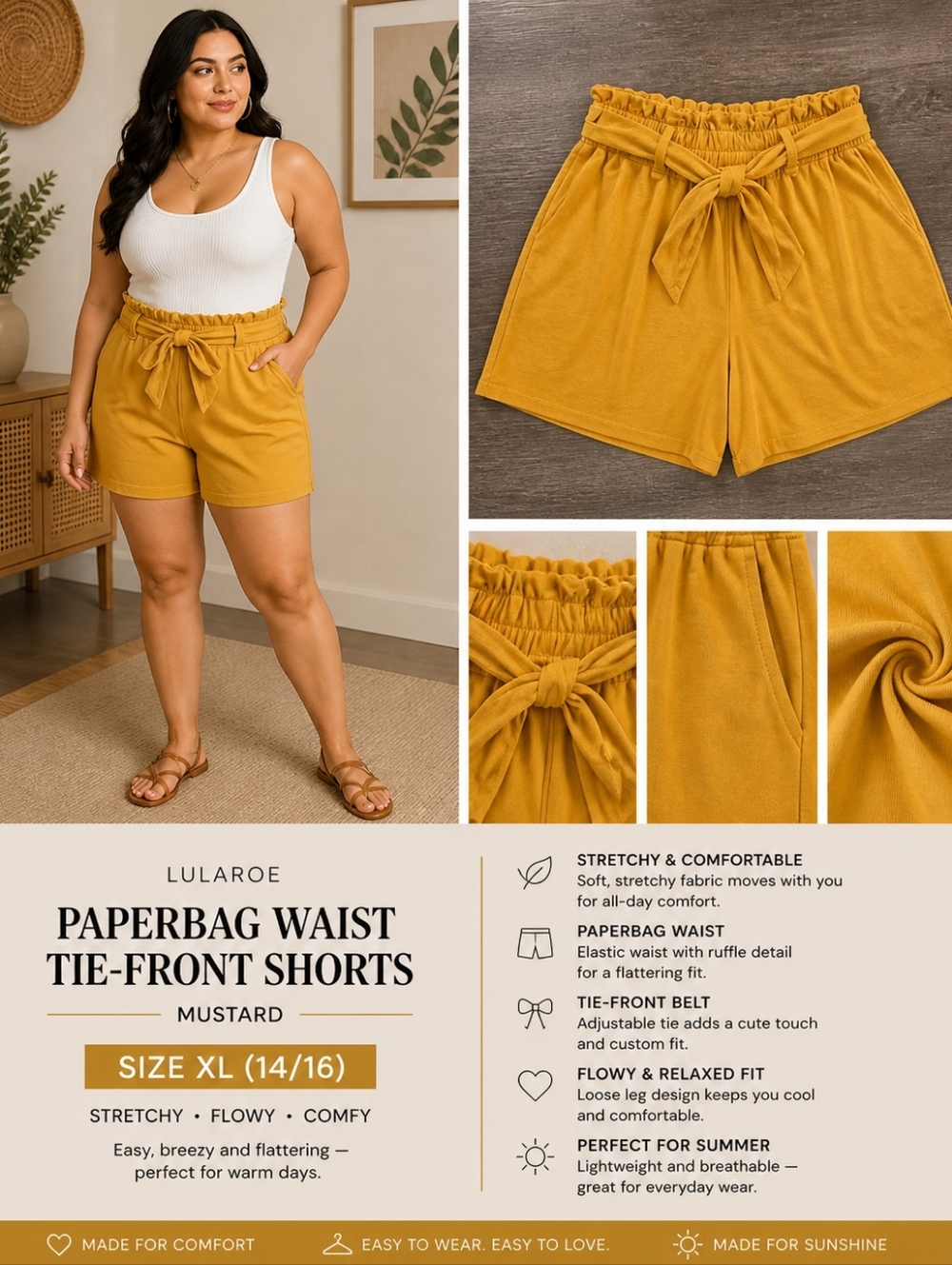 Mustard Paperbag Waist Tie-Front Shorts Lularoe XL 14/16 Stretchy Flowy Summer